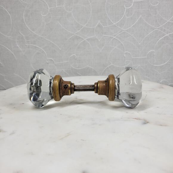 Antique Victorian 8 Point Crystal Door Knob Clear Glass 3 Inch Brass Rod Handle - Picture 6 of 13
